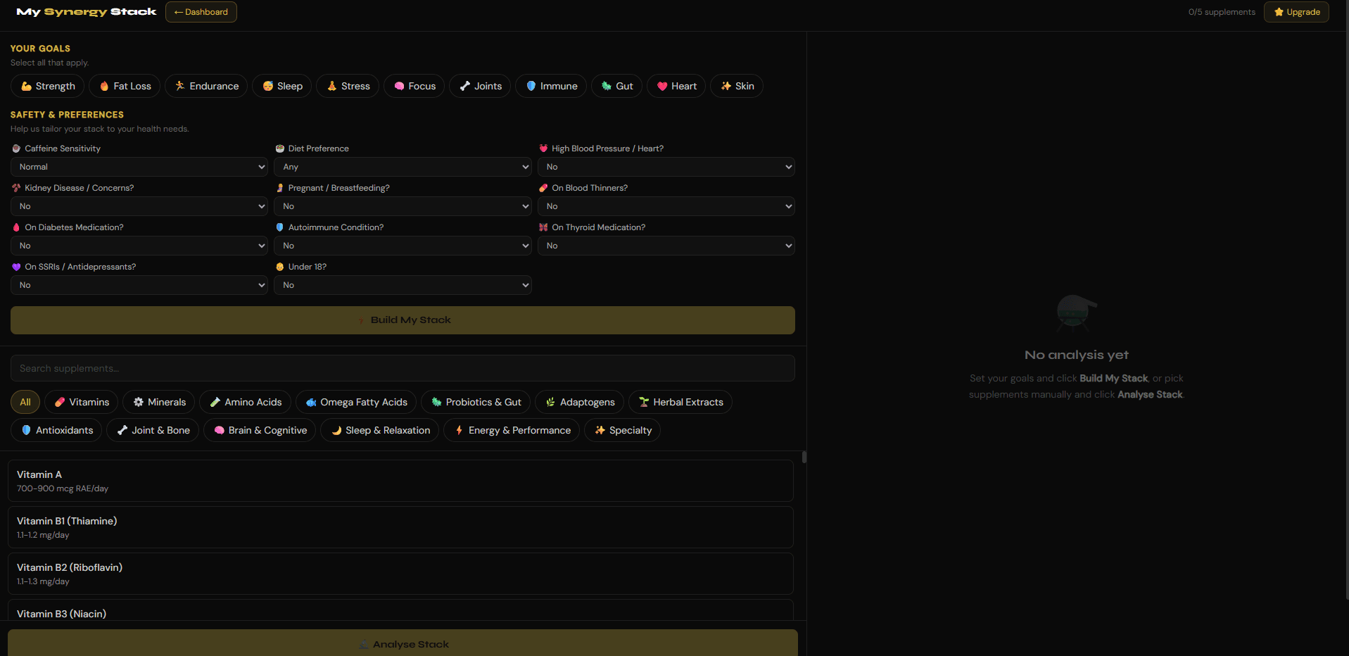 My Synergy Stack app interface showing supplement synergy analysis